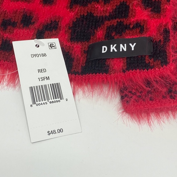 DKNY Womens Fuzzy Knit Scarf and Beanie Hat Set Red Black Animal Print - Picture 10 of 11